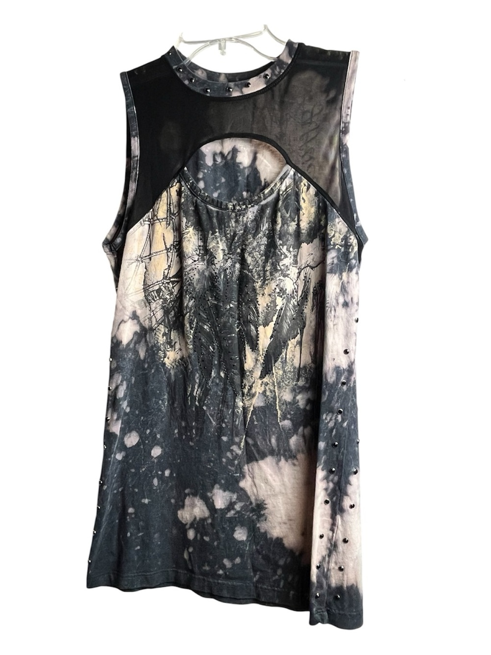 Affliction Black & Cream Tie-Dye Mesh Yoke Stud-Trim Tank